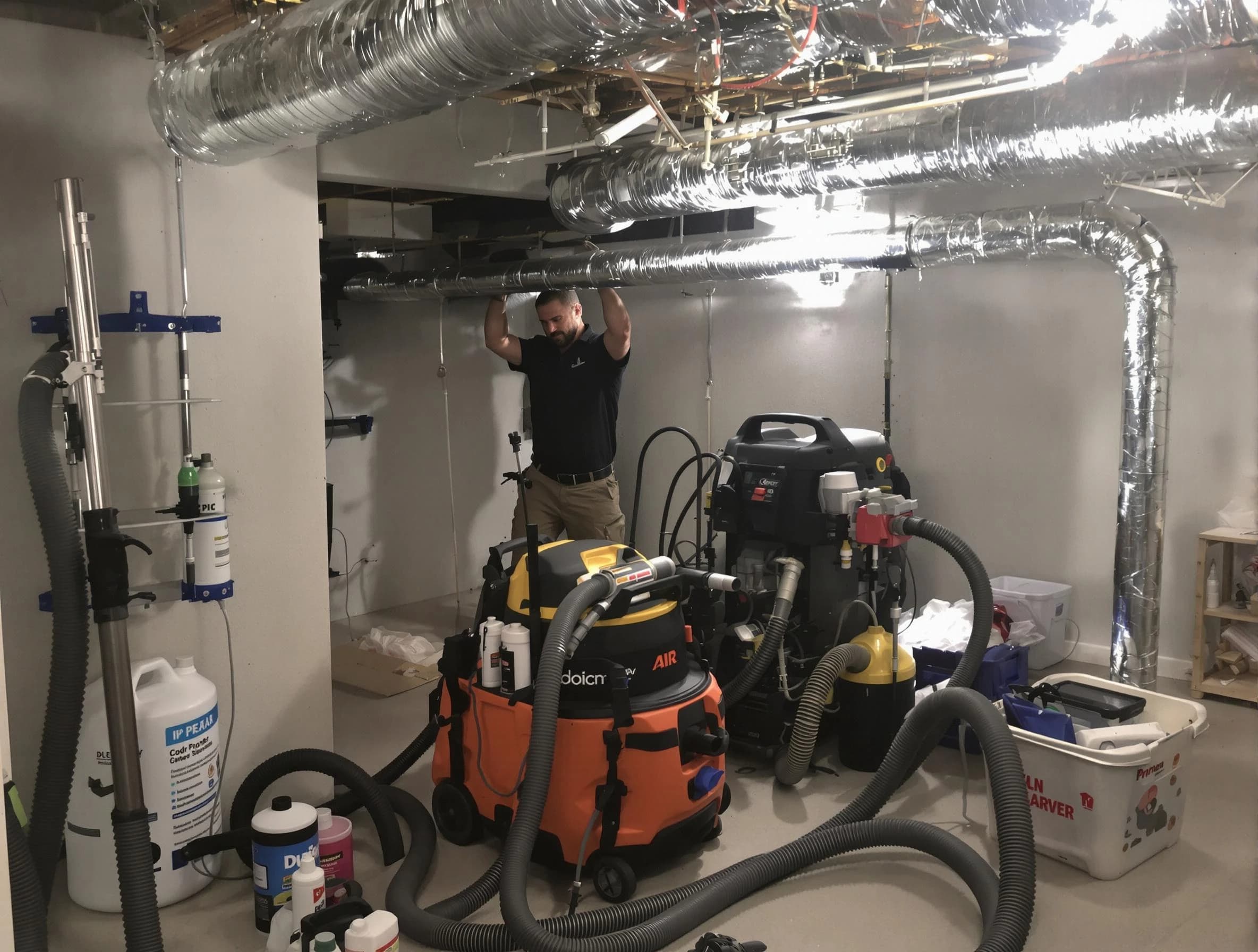 Cranston Air Duct Cleaning specialist performing professional mold removal from air ducts using safety equipment in Cranston