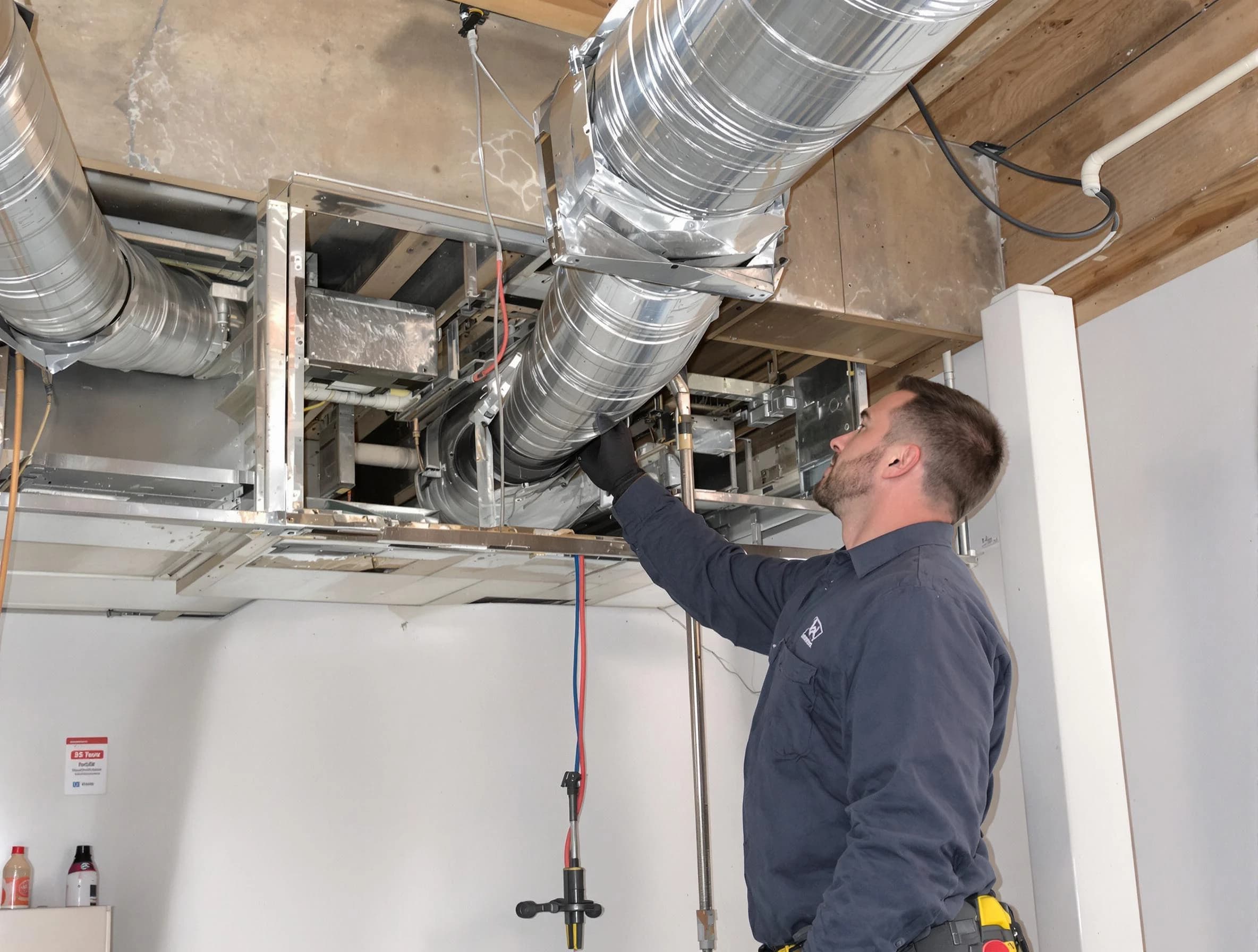 Cranston Air Duct Cleaning technician performing professional air duct repair using specialized tools in Cranston