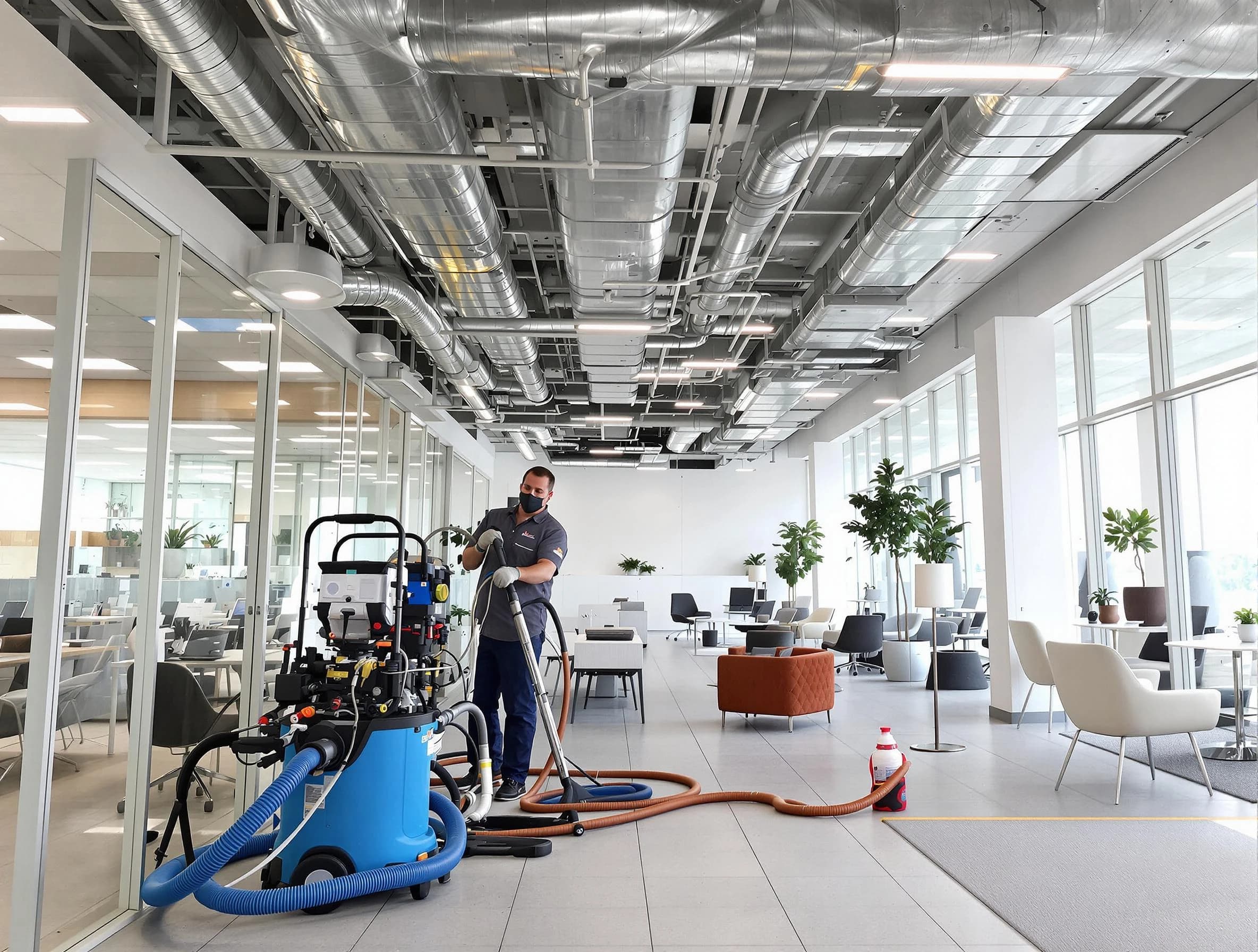 Cranston Air Duct Cleaning team conducting comprehensive commercial duct cleaning at a business location in Cranston