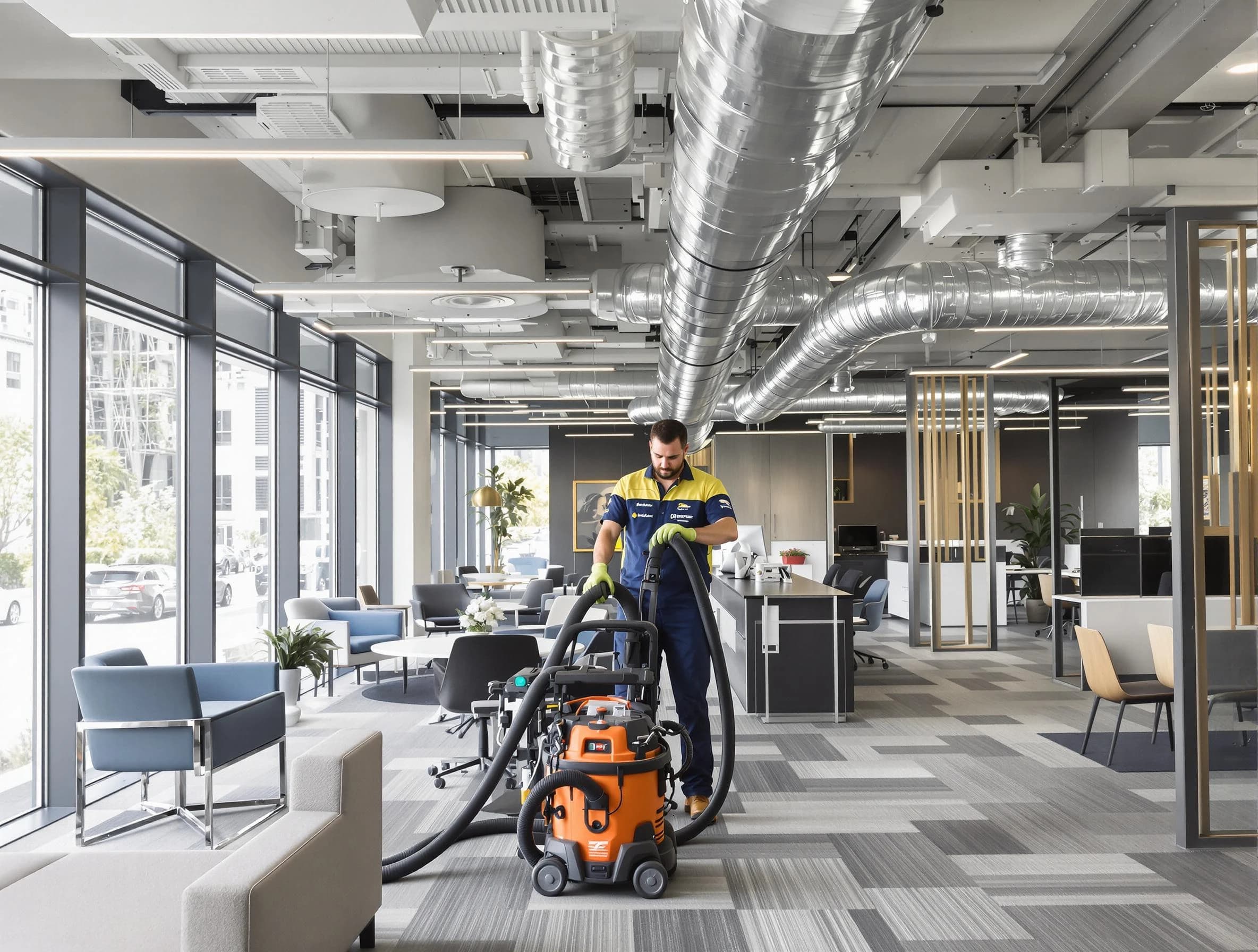 Cranston Air Duct Cleaning team performing thorough commercial duct cleaning at a Cranston business center