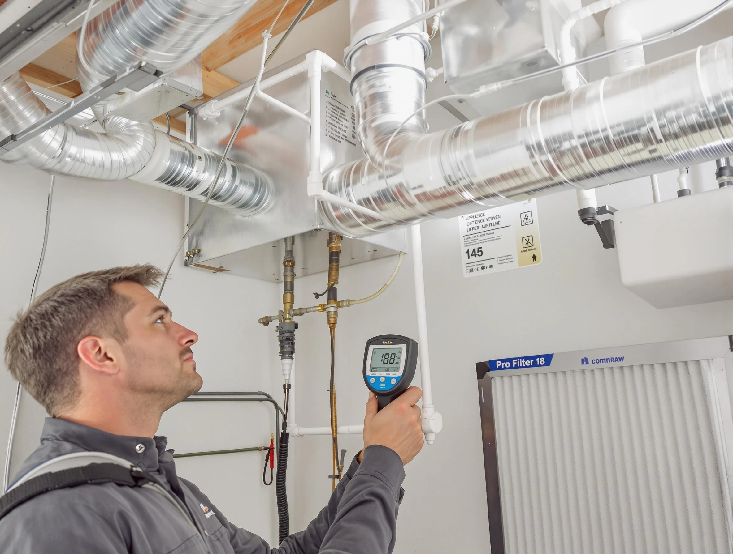 Cranston Air Duct Cleaning expert conducting detailed filter system inspection using diagnostic tools in Cranston