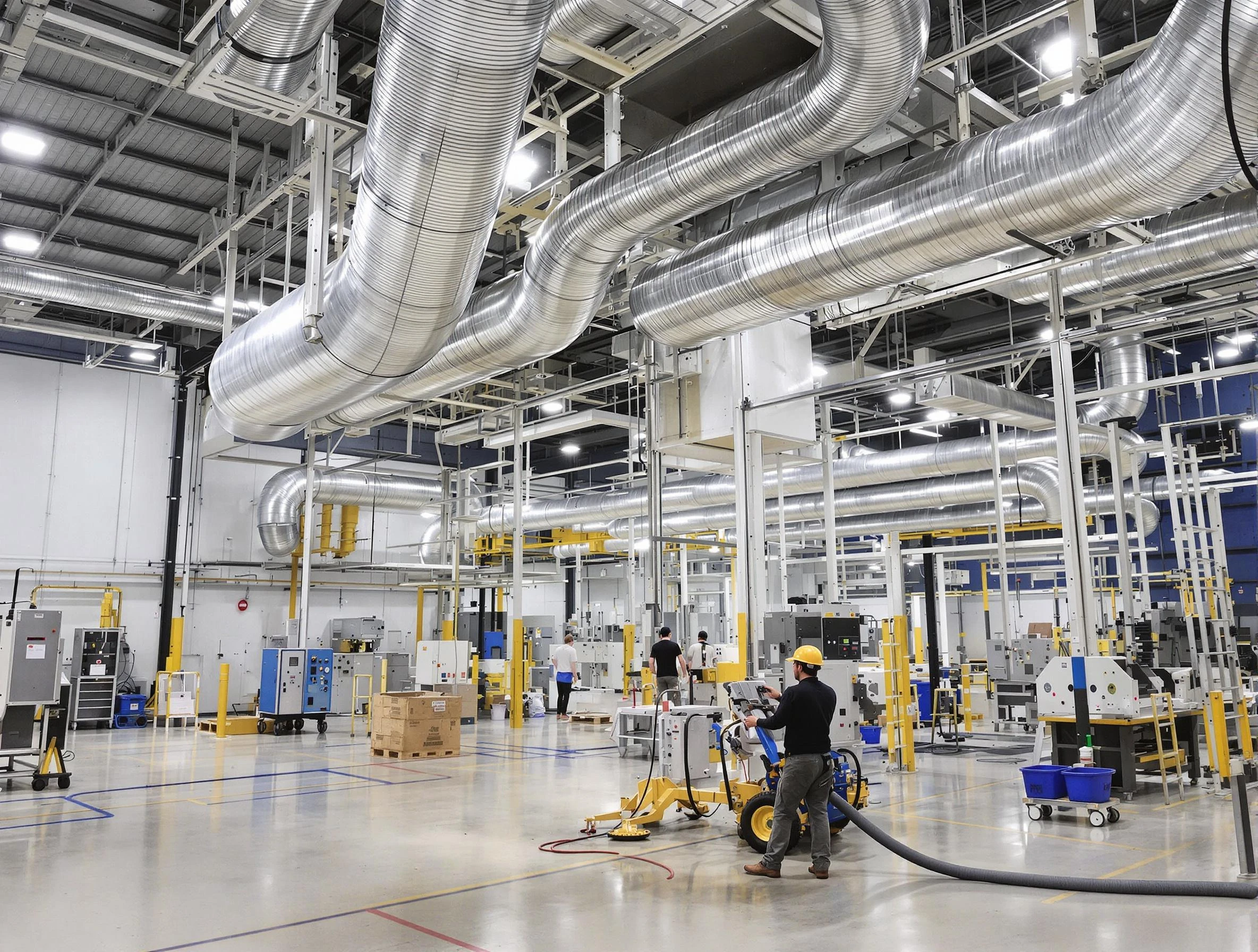 Cranston Air Duct Cleaning team performing comprehensive industrial duct cleaning at a large facility in Cranston