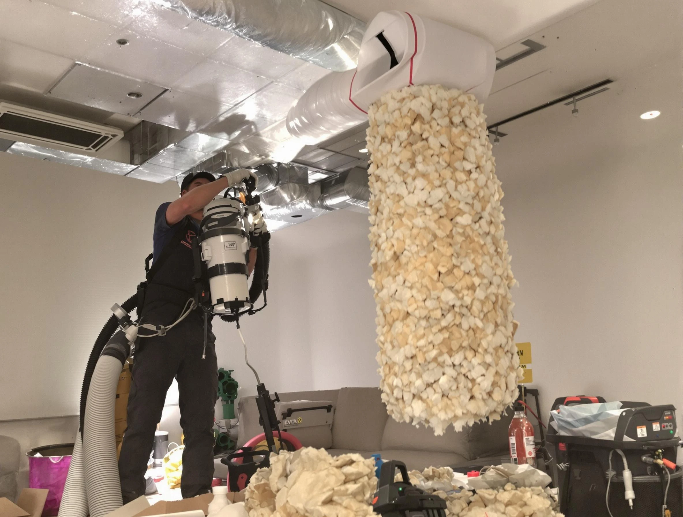 Cranston Air Duct Cleaning technician performing precision vacuum insulation removal in a residential property in Cranston